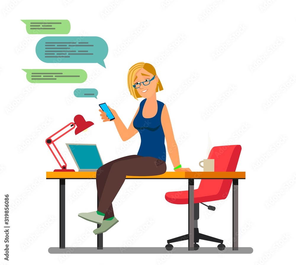Office worker on a coffee break sitting on a table.Vector illustration in cartoon Office worker on a coffee break sitting on a table.Vector illustration in cartoon