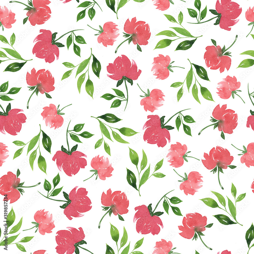 Seamless pattern with doodle red flowers and fresh green leaves on white background. Hand drawn watercolor illustration.