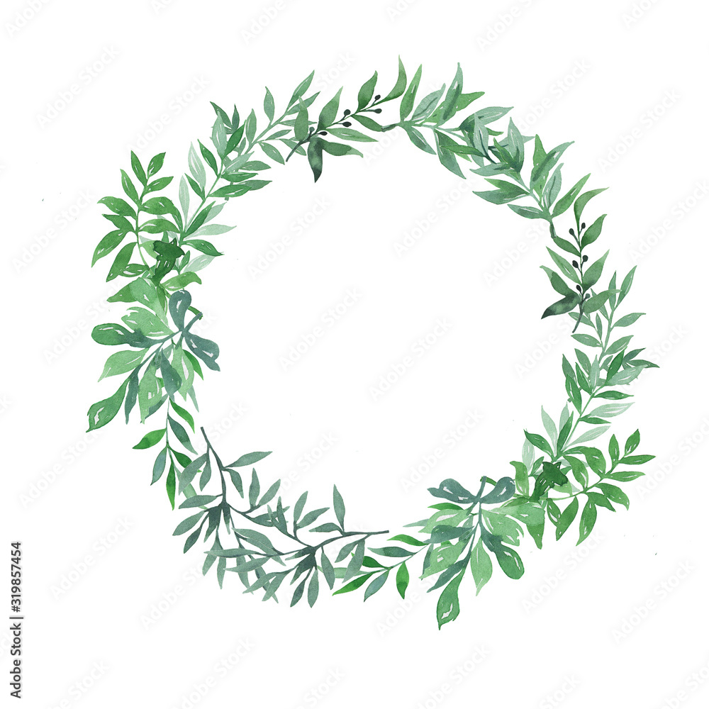 Decorative green leaves wreath isolated on white background. Greeting ...