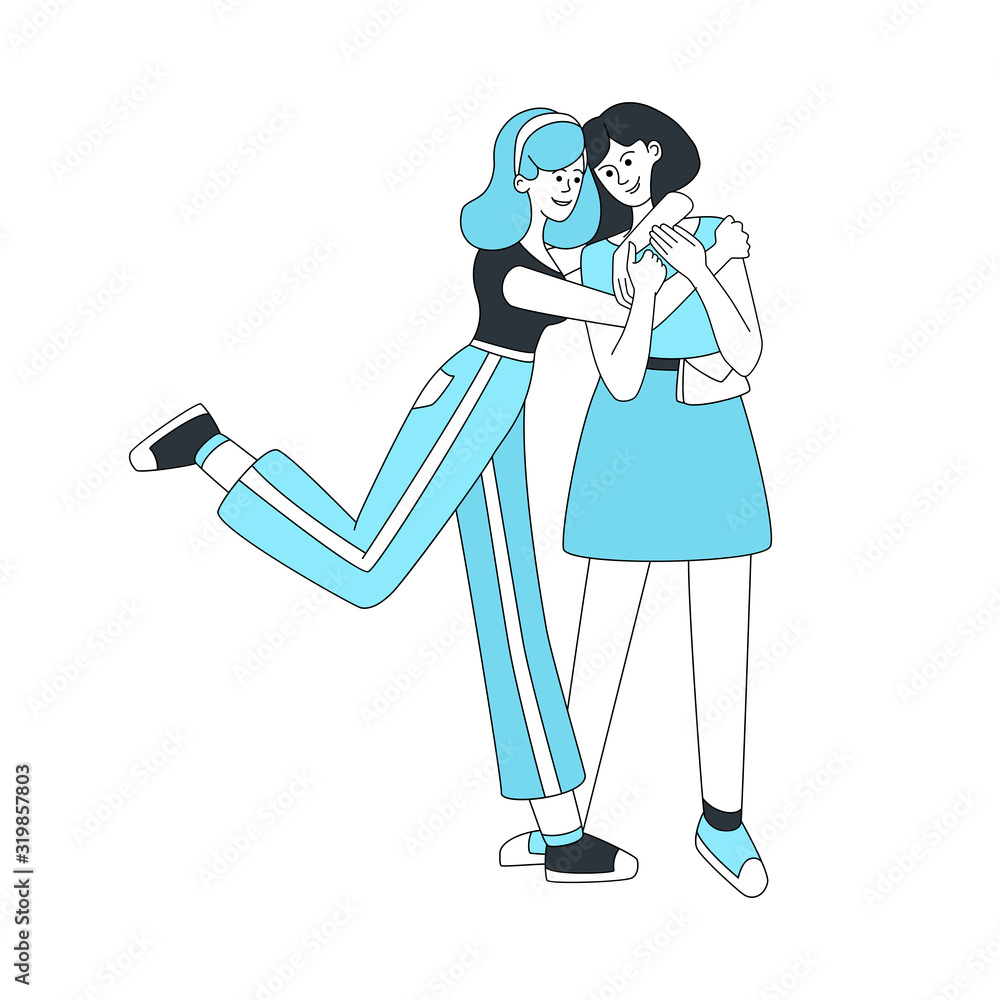 Two hugging girls vector cartoon illustration. Woman friendship, smiling young people Two hugging girls vector cartoon illustration. Woman friendship, smiling young people