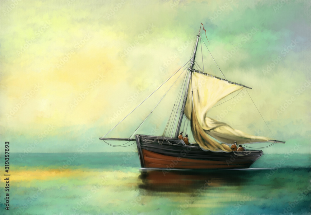 Paintings landscape, old sailing ship on the sea. Fine art