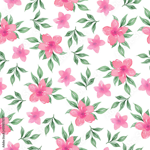 Wallpaper Mural Seamless pattern with pink flowers and green leaves on white background. Hand drawn watercolor illustration. Torontodigital.ca