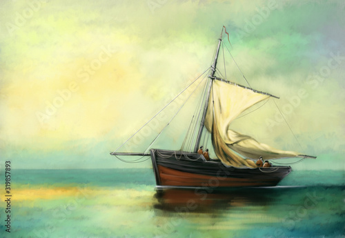 Paintings landscape  old sailing ship on the sea. Fine art