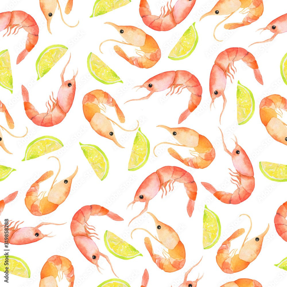 Obraz premium Seamless pattern with fresh pink shrimps and lemon slice on white background. Hand drawn watercolor illustration.