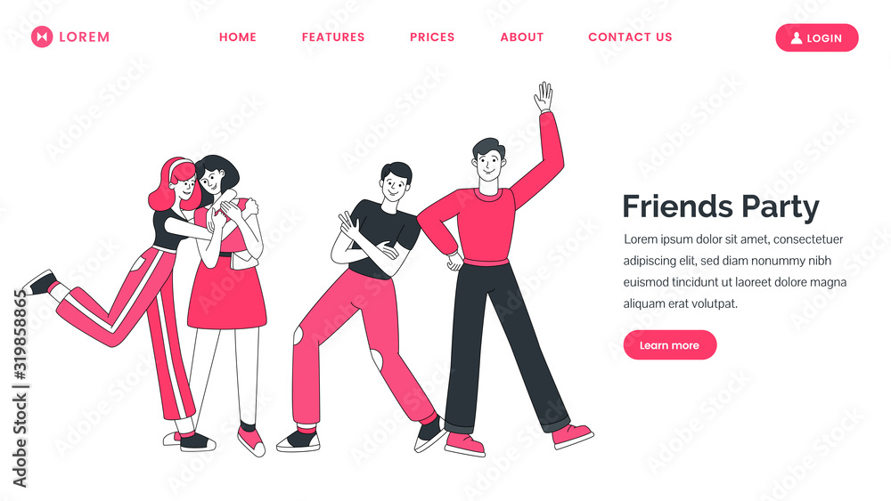 Friends party website vector template. Hugging girls, friends in welcoming pose cartoon characters with text space.