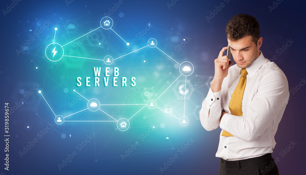 Businessman in front of cloud service icons with WEB SERVERS inscription, modern technology concept Businessman in front of cloud service icons with WEB SERVERS inscription, modern technology concept
