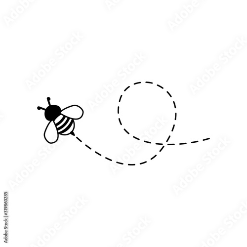 Bee flying on a dotted route isolated on the white background