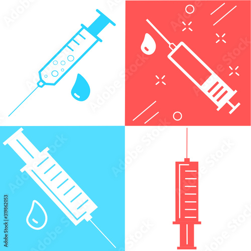Set of medical syringe, hypodermic needle, Inject needle concept of vaccination, injection. Trendy flat style. vector illustration. Drug dose business concept. Symbol web site design, logo, app, UI. 