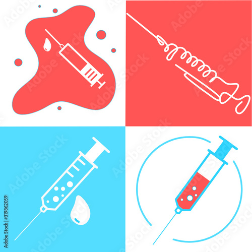 Set of medical syringe, hypodermic needle, Inject needle concept of vaccination, injection. Trendy flat style. vector illustration. Drug dose business concept. Symbol web site design, logo, app, UI. 