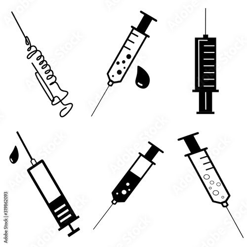 Set of medical syringe, hypodermic needle, Inject needle concept of vaccination, injection. Trendy flat style. vector illustration. Drug dose business concept. Symbol web site design, logo, app, UI. 