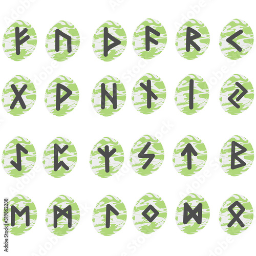 Scandinavian black green runes letters on white background.