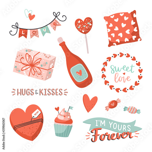 Cute love stickers with Valentines day elements and romantic topography.