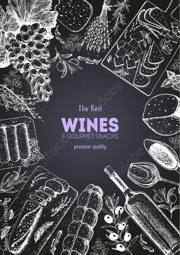 Wines and gourmet snacks frame vector illustration. Cheese, sausages, bread, grape hand drawn. Gourmet food set