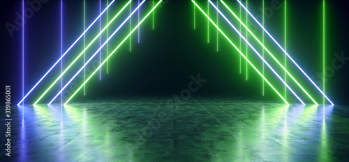 Laser Cyber Neon Glowing Pantone Green Blue Retro Sci Fi Futuristic Stage Showroom Concrete Reflective Grunge Garage Underground Hall Corridor 3D Rendering
