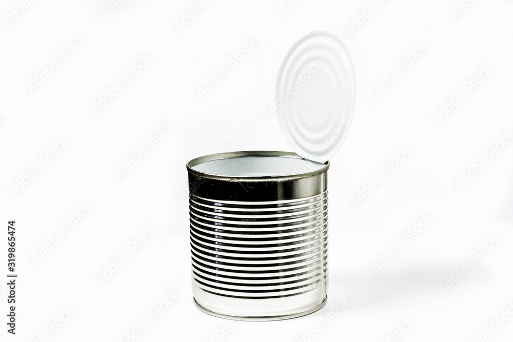 Empty tin can close up on a white background