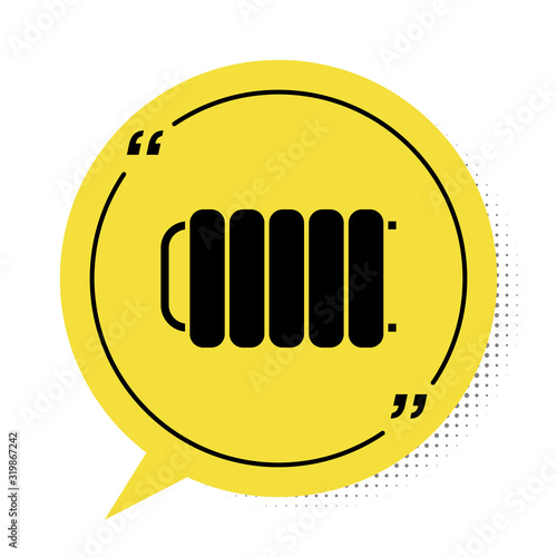 Black Heating radiator icon isolated on white background. Yellow speech bubble symbol. Vector Illustration