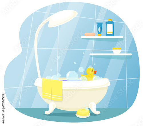 Children's bathroom with a duck for bathing and bathing accessories. Vector illustration in cartoon flat style.