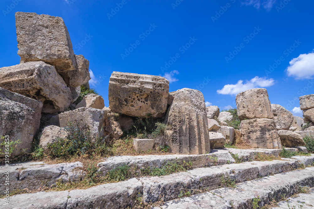 Athena or Aphrodite Temple ruins in acropolis of Selinunte also called Selinus - ancient city on Sicily Island in Italy
