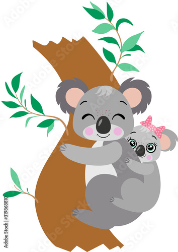 Dad koala and his baby hanging on bamboo branch photo