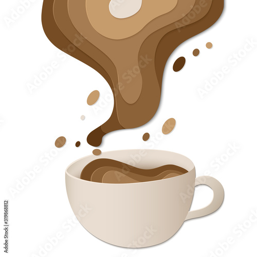 Cup or mug with coffee splash and milk in paper cut style isolated on white background. 3d cup of coffee with shadows. Template for menu, card, banner, poster, flyer. Vector stock illustration.