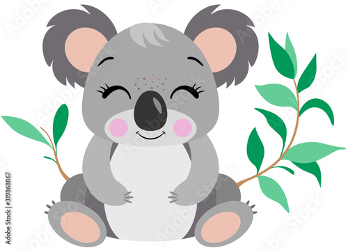 Funny koala with bamboo green leaves
