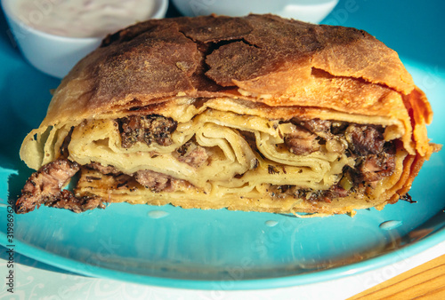 Obraz na plátne Tradiotnal food of Crimean Tatar made of past dough and turkey meat, originally