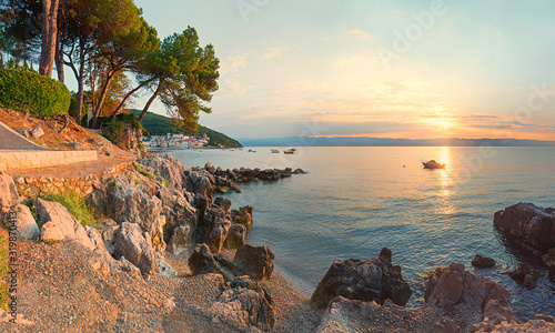 sunset scenery adriatic coast, moscenicka draga in warm evening light, croatian landscape photo