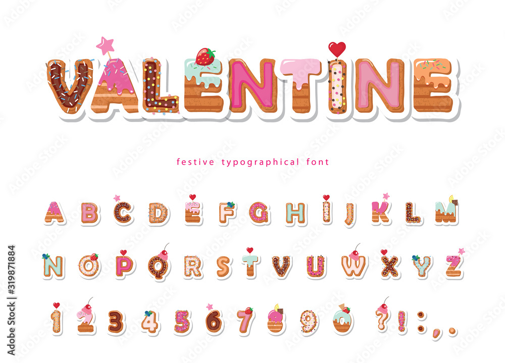Valentine sweet font. Cute decorative alphabet. Girly cartoon letter and  number stickers. Paper cut out. Vector. Stock Vector