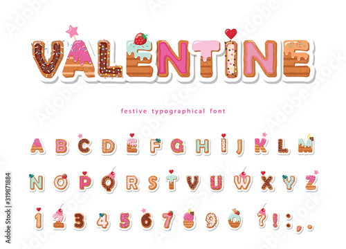 Valentine sweet font. Cute decorative alphabet. Girly cartoon letter and number stickers. Paper cut out. Vector.