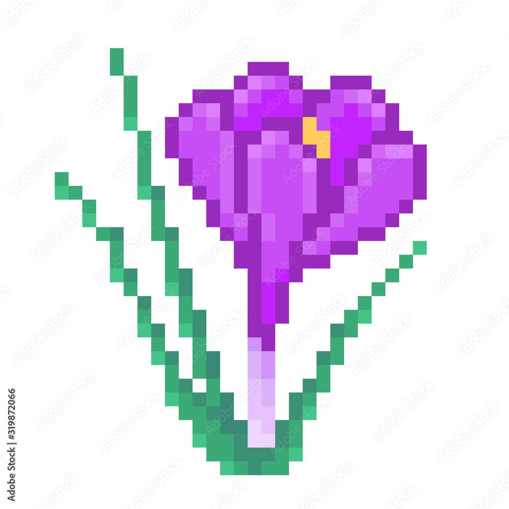 Purple crocus flower in bloom, pixel art icon isolated on white background. 8 bit early spring/late winter flowering plant symbol. Old school vintage retro slot machine/video game graphics. Purple crocus flower in bloom, pixel art icon isolated on white background. 8 bit early spring/late winter flowering plant symbol. Old school vintage retro slot machine/video game graphics.