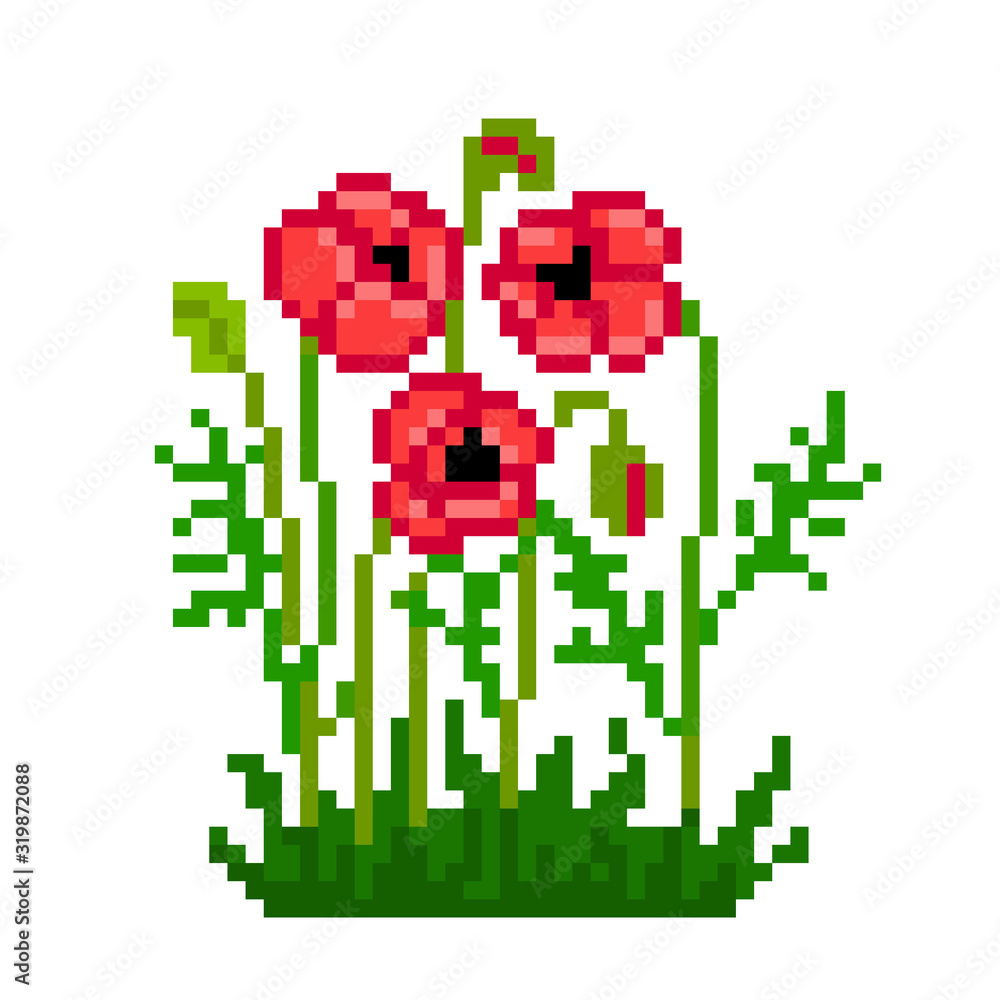 Red poppy flowers in bloom in the grass, pixel art icon isolated on white background. 8 bit summer flowering plant symbol. Old school vintage retro slot machine/video game graphics. Red poppy flowers in bloom in the grass, pixel art icon isolated on white background. 8 bit summer flowering plant symbol. Old school vintage retro slot machine/video game graphics.