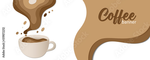 Sample of horizontal banner with a cup of coffee in paper cut style for shops, cafes or restaurants. Templates for menu, card, banner, poster, flyers. Vector stock illustration.