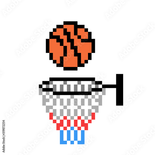 Ball going into hoop, pixel art basketball icon isolated on white background. 8 bit team sport logo. Old school vintage retro slot machine/video game graphics.