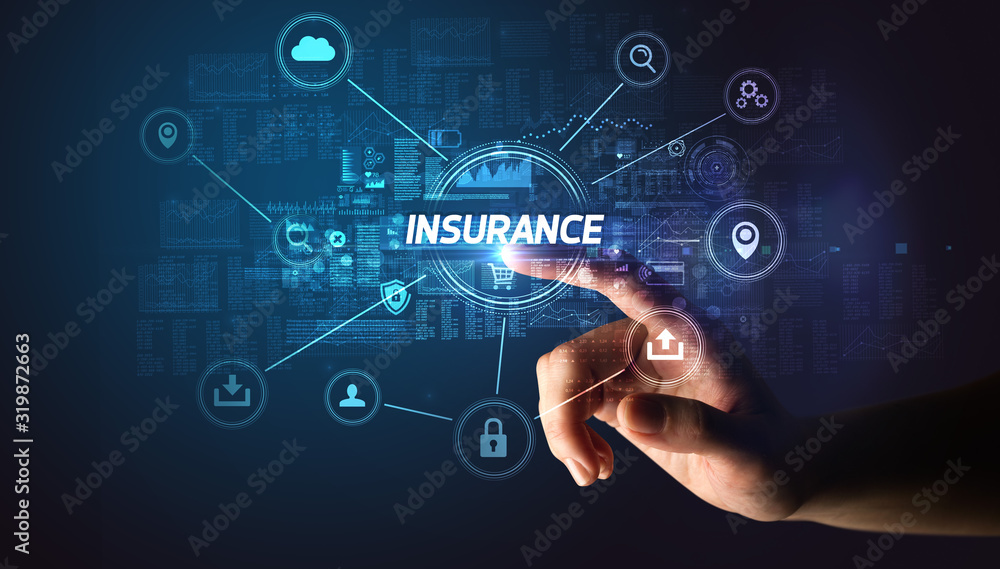 Hand touching INSURANCE inscription, Cybersecurity concept Hand touching INSURANCE inscription, Cybersecurity concept