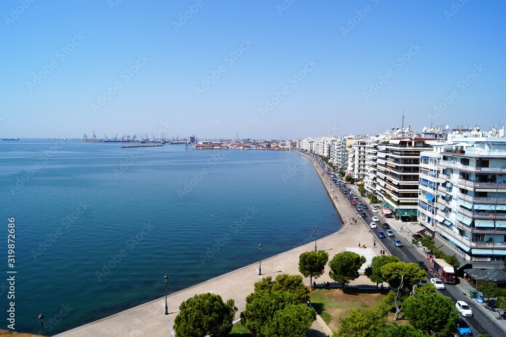 beautiful view of the Greek city of Thessaloniki and the sea from the height of the tourism journey