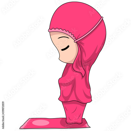 The standing pose looks beside the prayer in Islam. cute Muslim children's cartoon. cartoon Children's daily fun activity. Vector Female Cartoon Character.