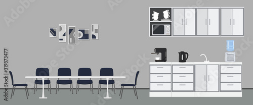 Office kitchen. Dining room in office. There are kitchen cabinets, a table, blue chairs, microwave, kettle and coffee machine in the image. There are abstract pictures on the wall. Vector illustration