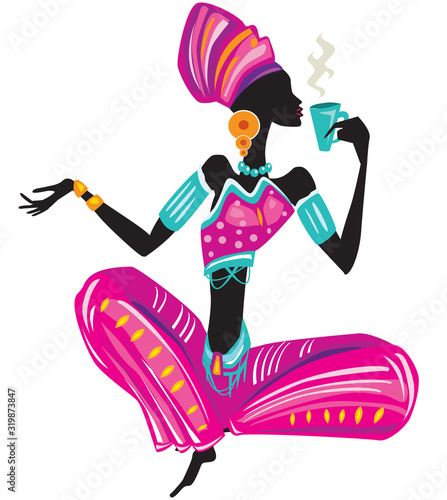 African woman in ethnic dress with cup in hand