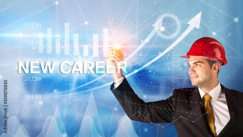 Young businessman with helmet drawing NEW CAREER inscription, modern business technology concept Young businessman with helmet drawing NEW CAREER inscription, modern business technology concept
