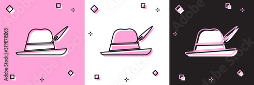 Set Oktoberfest hat icon isolated on pink and white, black background. Hunter hat with feather. German hat. Vector Illustration