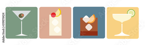 Classic cocktails, isolated vector illustration. Mid century modern style. 