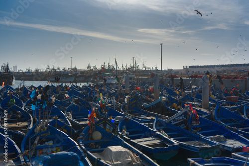 The famous blue boats in the port of Essaouira. Essaouira, Morocco.