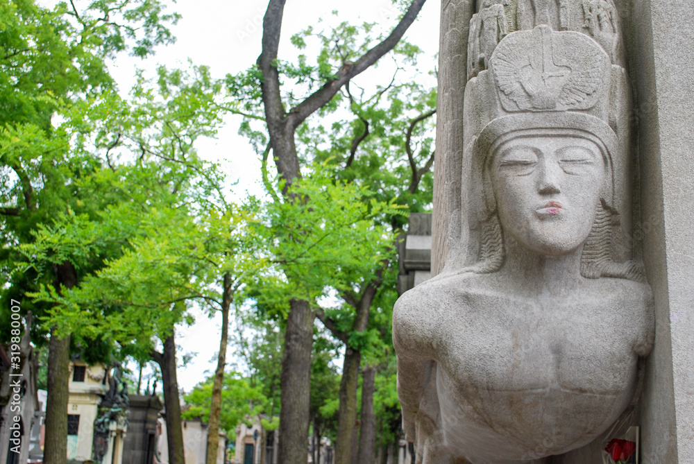 Detail of the tomb of the famous writer Oscar Wilde in the Père Lachaise cemetery in Paris, France