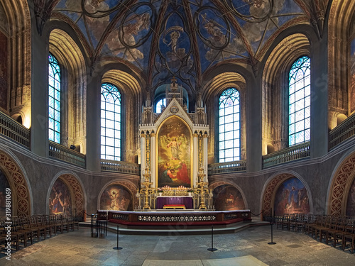 Apse and altar of Turku Cathedral  Finland. The altarpiece was painted in 1836 by Swedish artist Fredrik Westin. The wall frescoes were created by court painter Robert Wilhelm Ekman in 1850-1854.