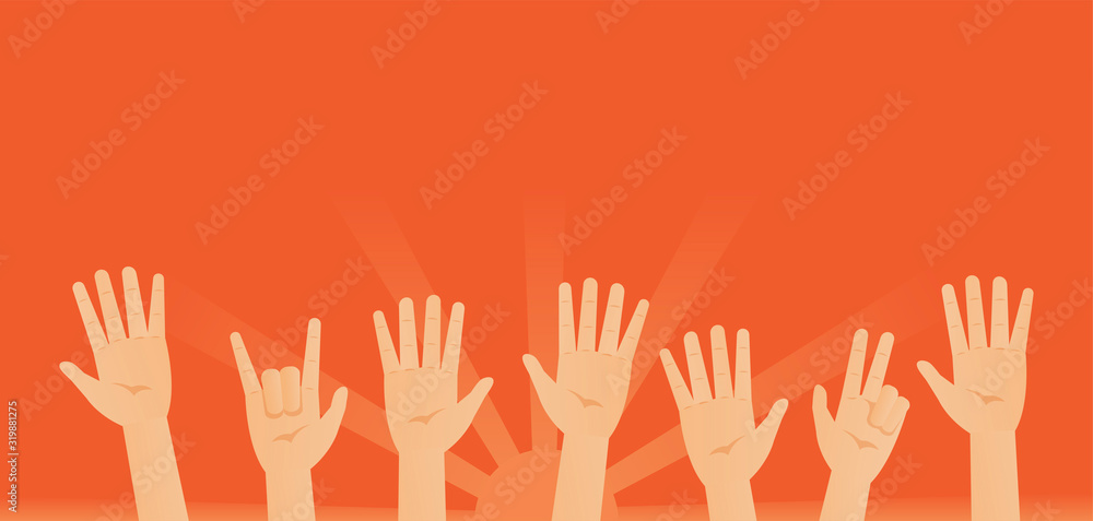 Waving hands on rising sun background. Raised arms Waving hands on rising sun background. Raised arms