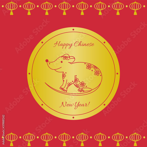 Rat Chinese new year greeting card vector red gold colorful illustration