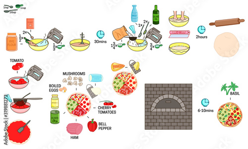 Recipe Pizza four seasons vector diy instruction manual illustration sketch meal food