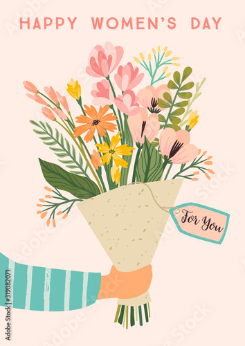 International Women s Day. Vector template with bouquet of flowers