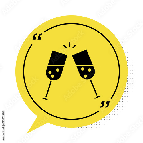Black Glass of champagne icon isolated on white background. Yellow speech bubble symbol. Vector Illustration