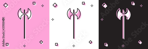 Set Medieval axe icon isolated on pink and white, black background. Battle axe, executioner axe. Medieval weapon. Vector Illustration